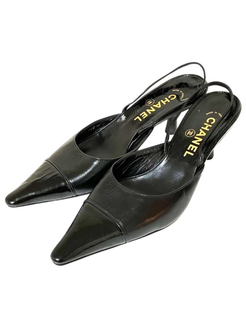 Chanel Vintage Sling Back Pointed Toe Pumps 36.5 Black Heel